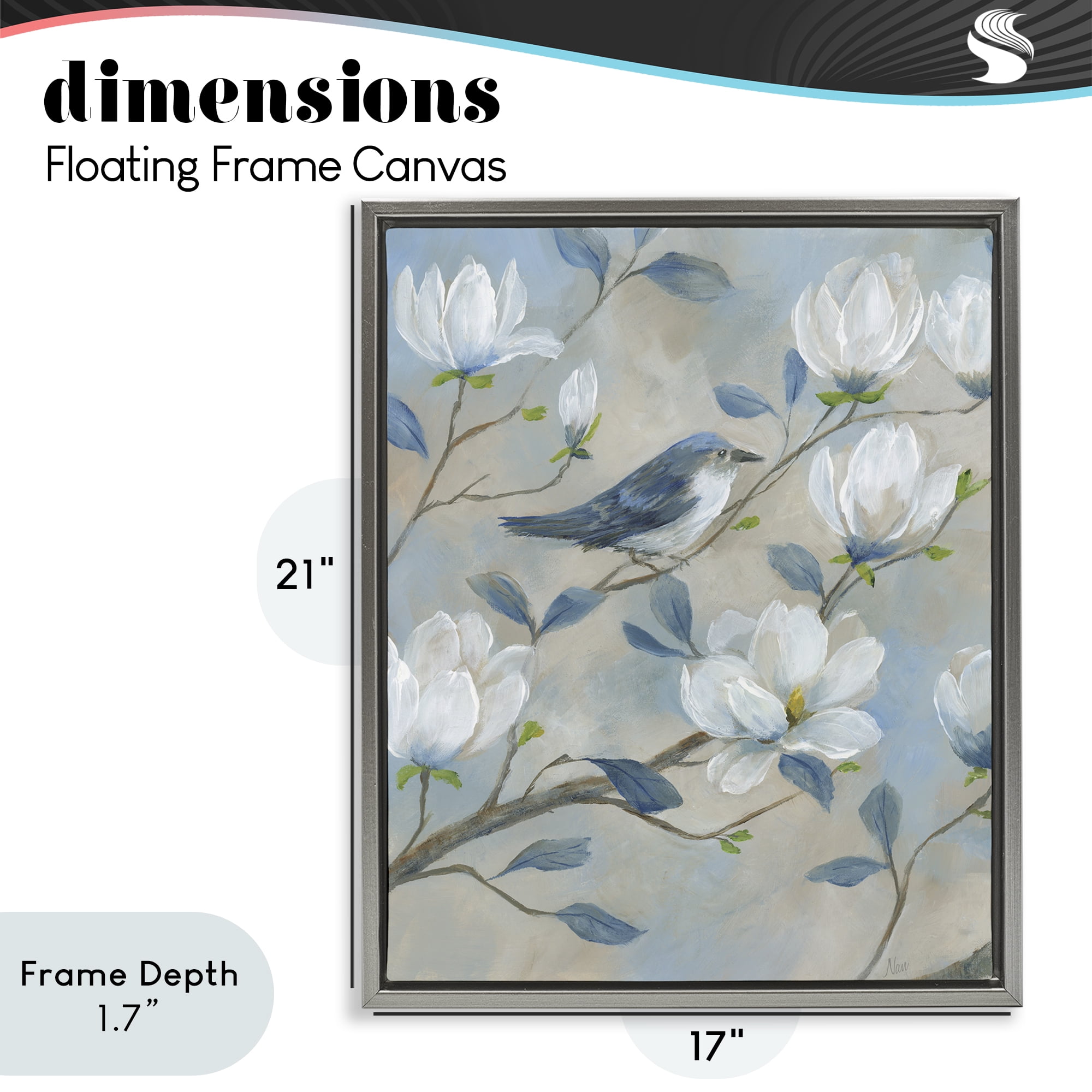 Stupell Industries Blue Bird & Magnolia Gray Framed Floater Canvas Wall Art, design by Nan