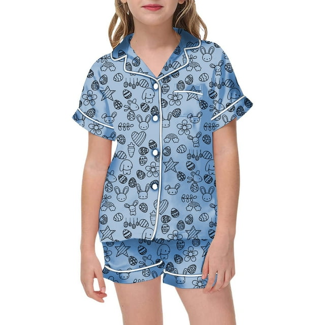 PMVFHDE Langes pour Bébés Filles Ensemble de Pâques pour Enfants Bricolage Peint à la Main Tenue de Maison avec Pyjamas Colorés les Filles Peuvent Jouer et le Porter au Quotidien Ensembles 2 Pcs pour Filles Bleu Ciel,8-9 Ans