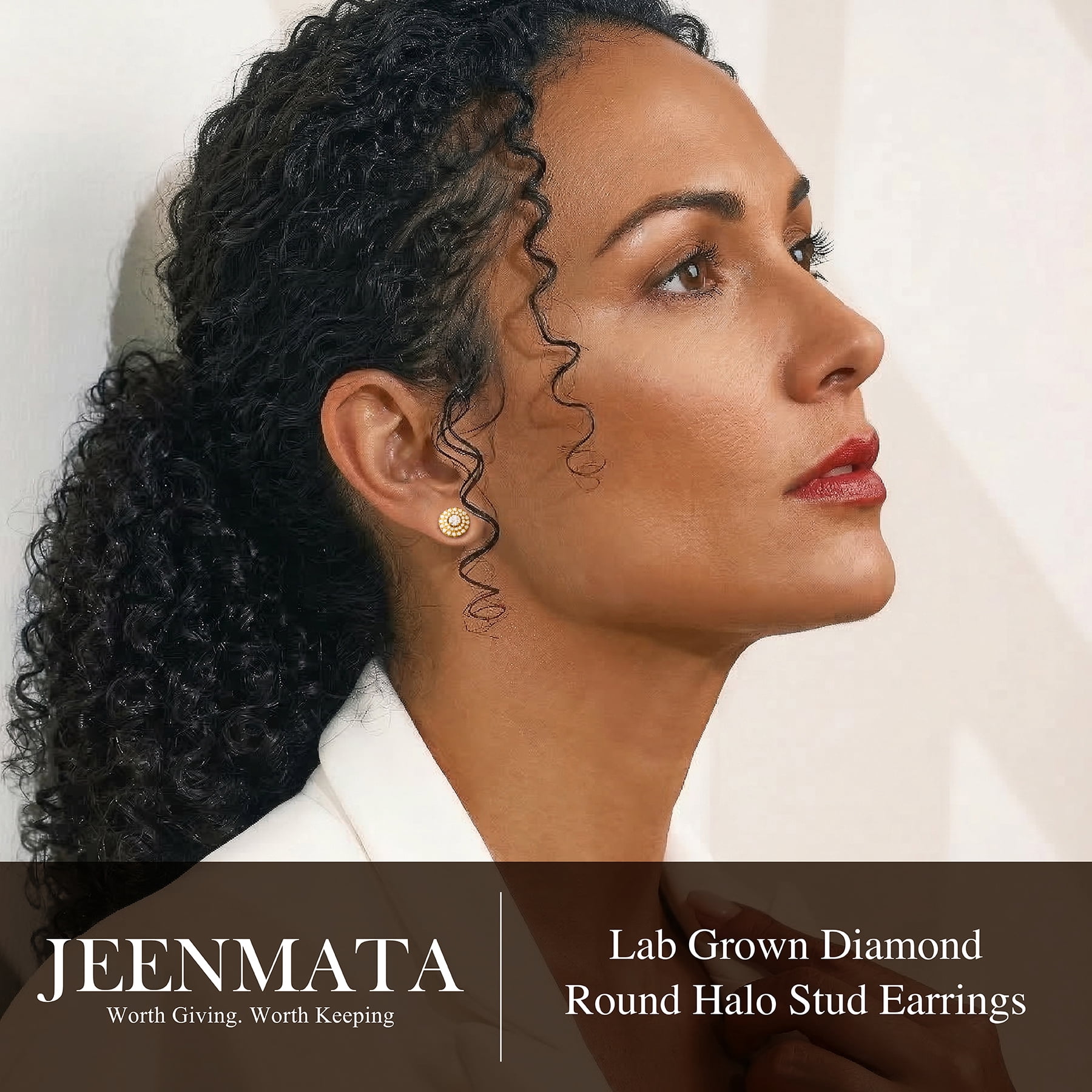 JeenMata Lab Grown Diamond Halo Stud Earrings - Round Cut Stud Earrings for Women in Yellow Gold Plating