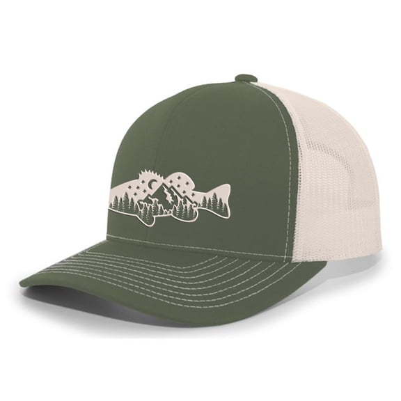 Heritage Pride Freshwater Fish Forest Mountain Scenic Largemouth Bass Mens Embroidered Mesh Back Trucker Hat, Moss/Beige