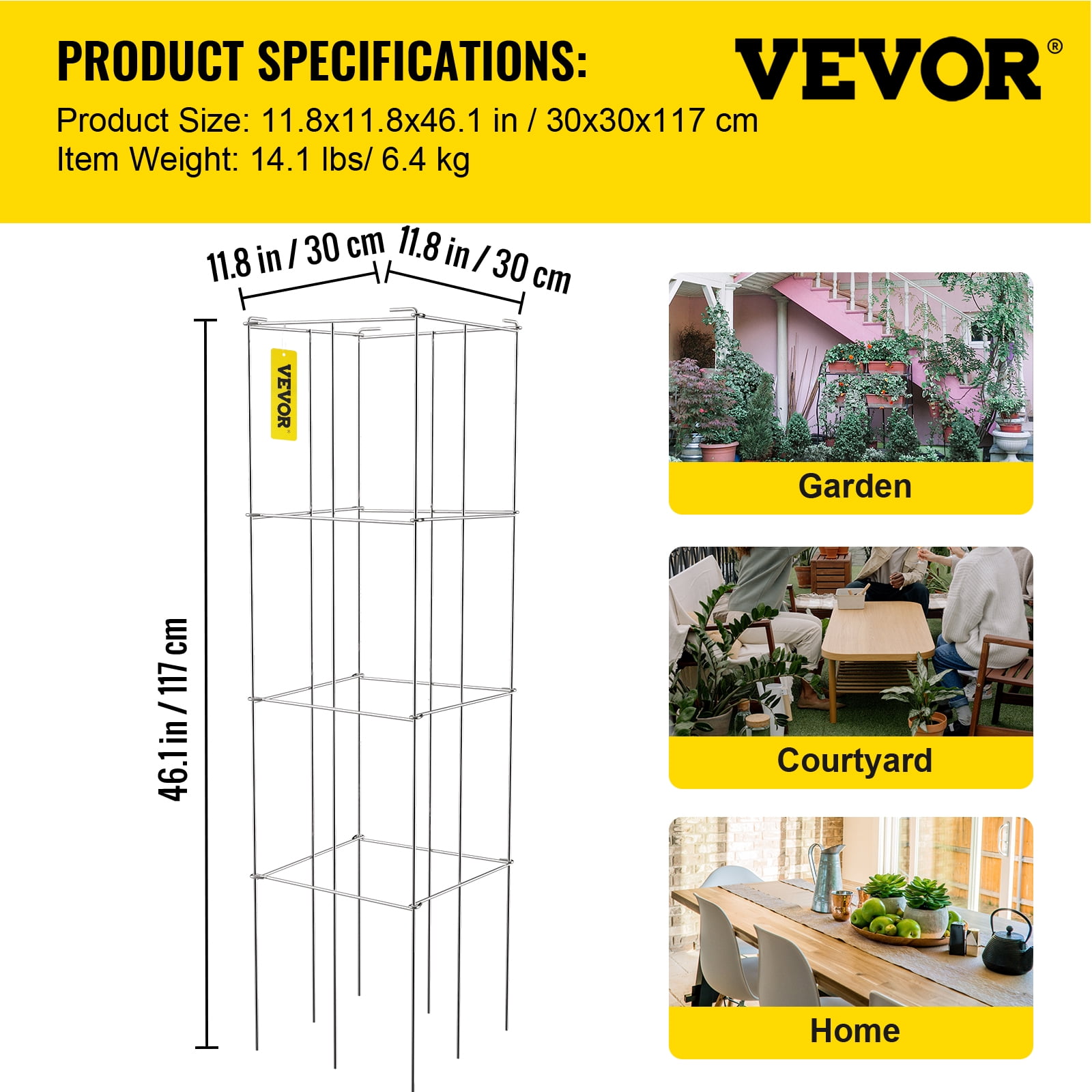 VEVOR 5 Pack Square Folding Tomato Cages 46" Plant Support Stake Tower Silver PVC-coated Steel Tomato Cage Towers for Tomato Plants, Eggplants, Cucumber, Climbing Plants