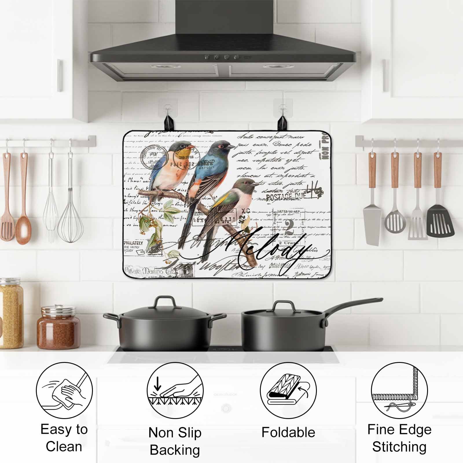 Country Birds Stove Top Cover for Electric Stove, Heat-proof & Non Slip Glass Top Stove Cover Protector, Envelope Postmark Farmhouse Botancial Kitchen Flat Cooktop Rubber Mat 24x21 Inches