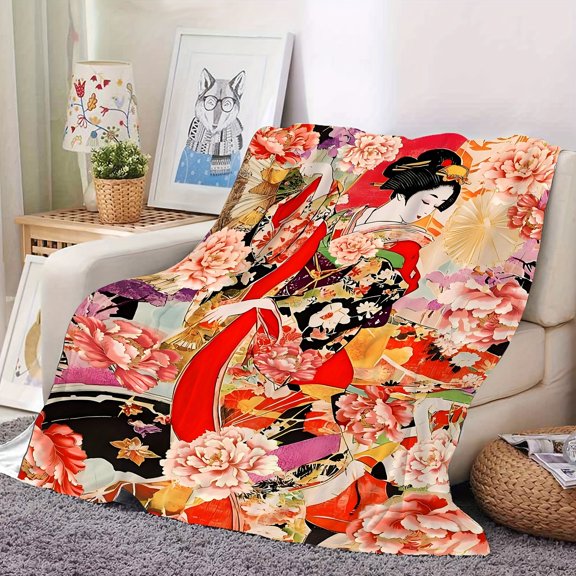 Ultra-Soft Japanese Geisha Floral Print Flannel Throw Blanket - Versatile & Warm for All Seasons, Perfect for Bed, Sofa, Office, Travel, and Camping
