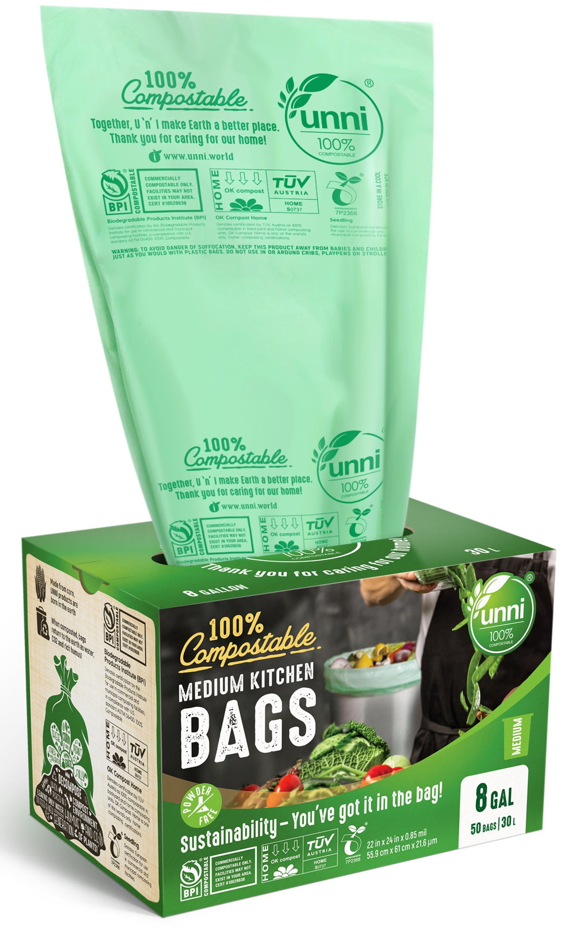 100% Compostable Bin Liners 50 Bags 30L Kitchen Caddy Liners Eco Bio Sustainable 