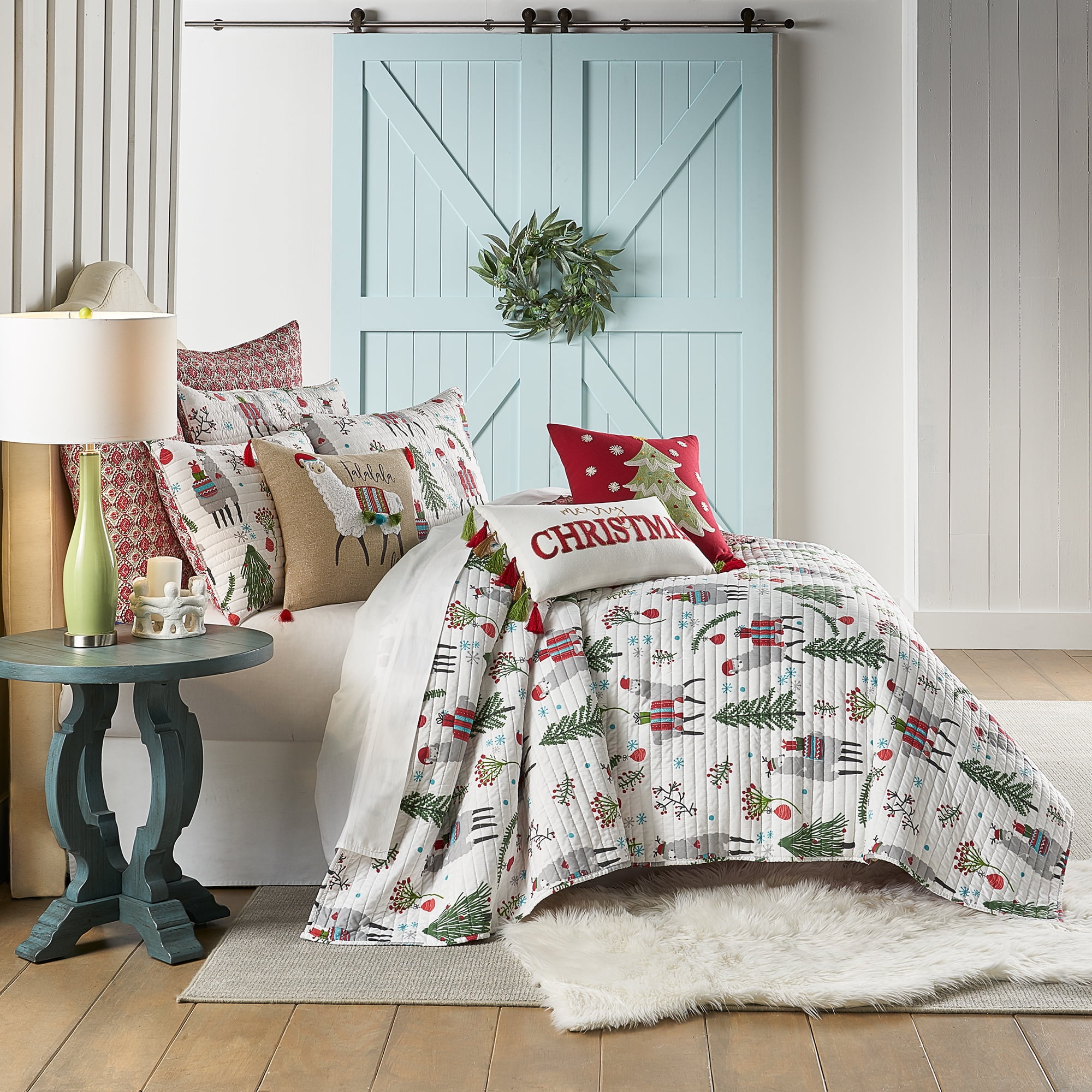 Merry & Bright by Levtex Home - Fa La La Llama Quilt Set - King Quilt  (106x92in.) + Two King Pillow Sham (20x36in.) - Red, Green, Grey, Blue, and  White - Reversible - Polyester Blend | Longblazer