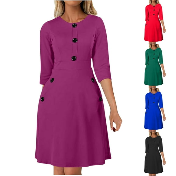 Women Long Sleeves Dresses Women's Work Solid Round Neck 3/4 Sleeve Dress