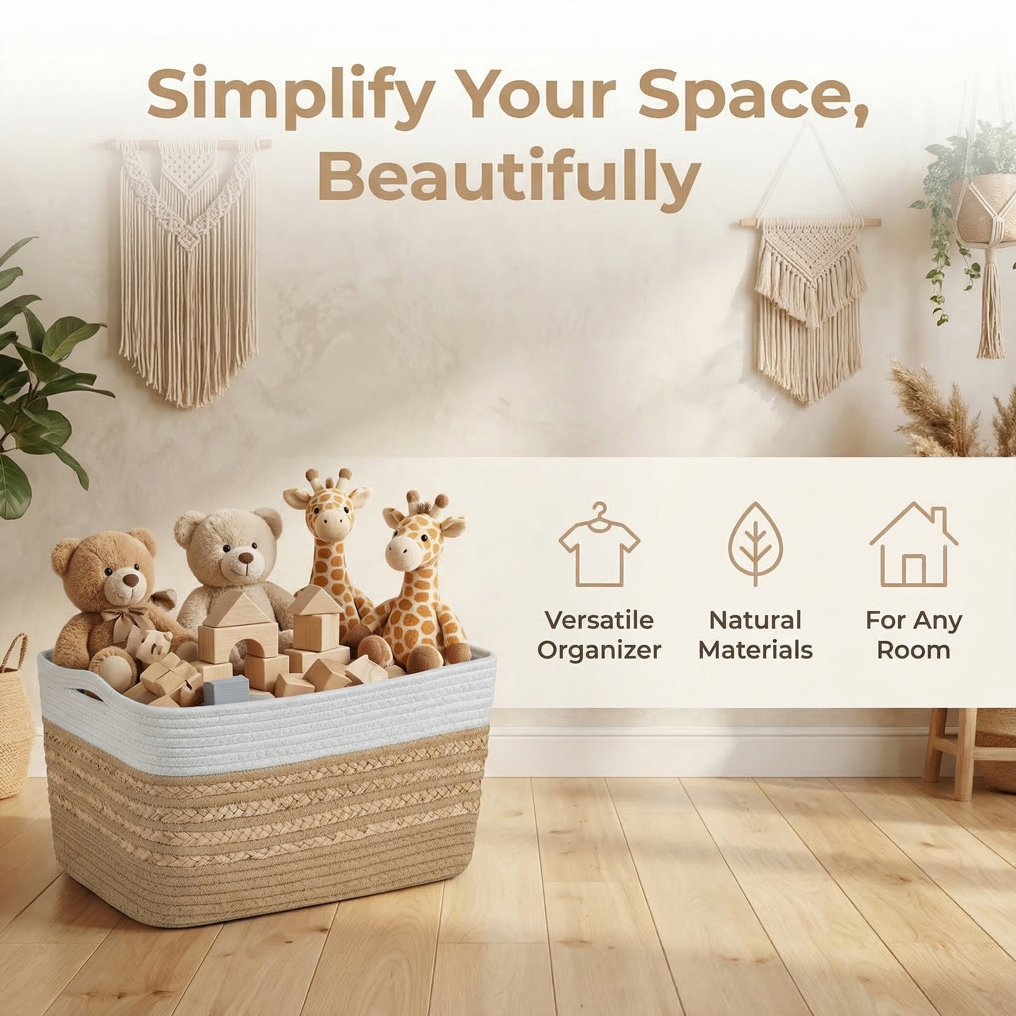Unique Bargains Woven Storage Basket Storage Bin White Brown 18.9*11*9.1in