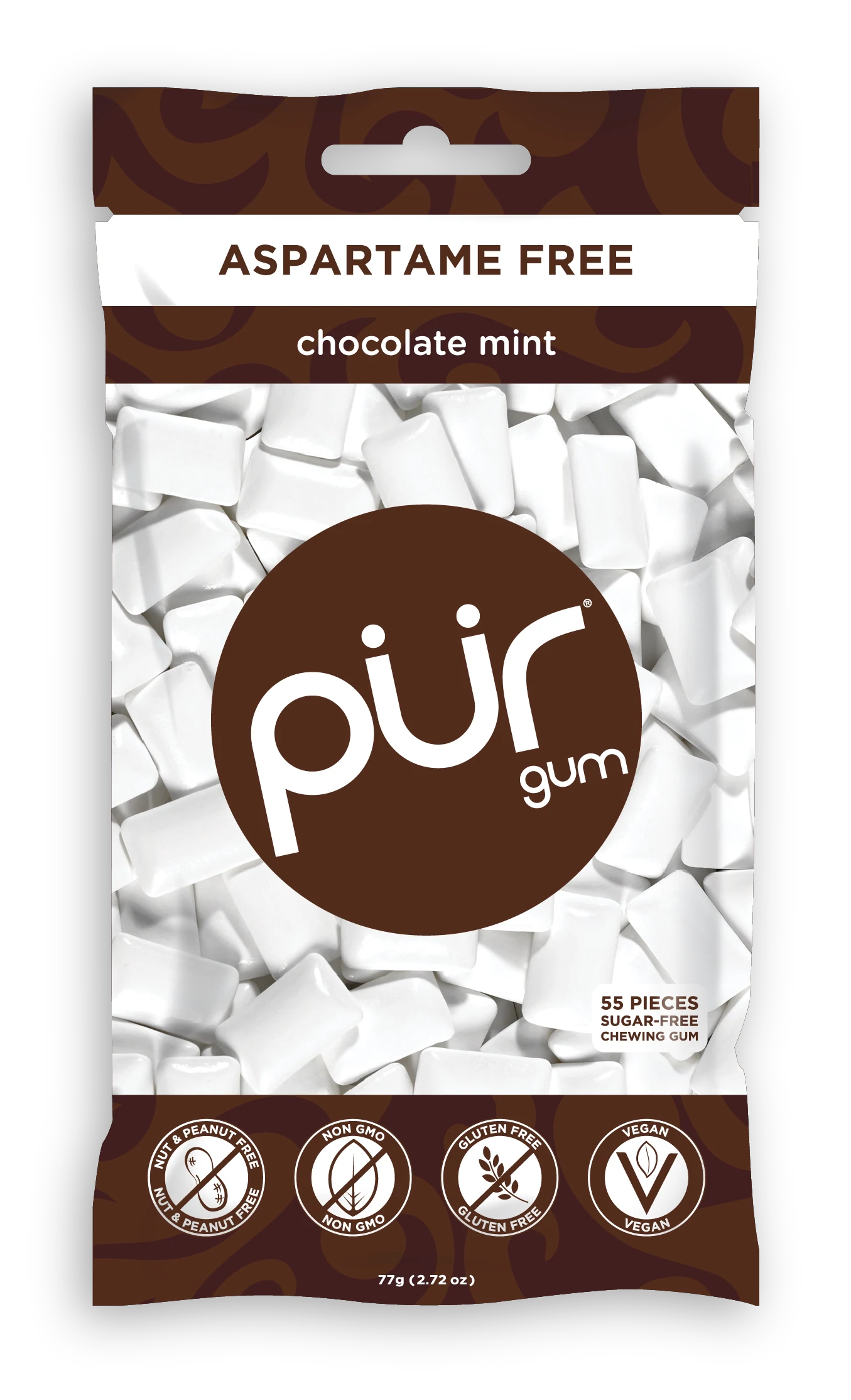 PUR SugarFree Gum Chocolate Mint Bag, 55pc Pack of 12
