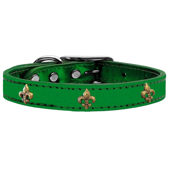 Bronze Fleur De Lis Widget Genuine Metallic Leather Dog Collar Emerald Green