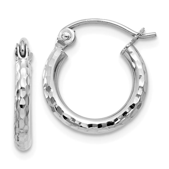 Real 14kt White Gold Diamond-cut 2mm Round Tube Hoop Earrings; for Adults and Teens; for Women and Men