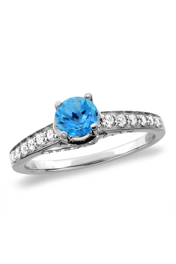 14K Yellow Gold Diamond Natural Swiss Blue Topaz Engagement Ring Round 4 mm, size 8
