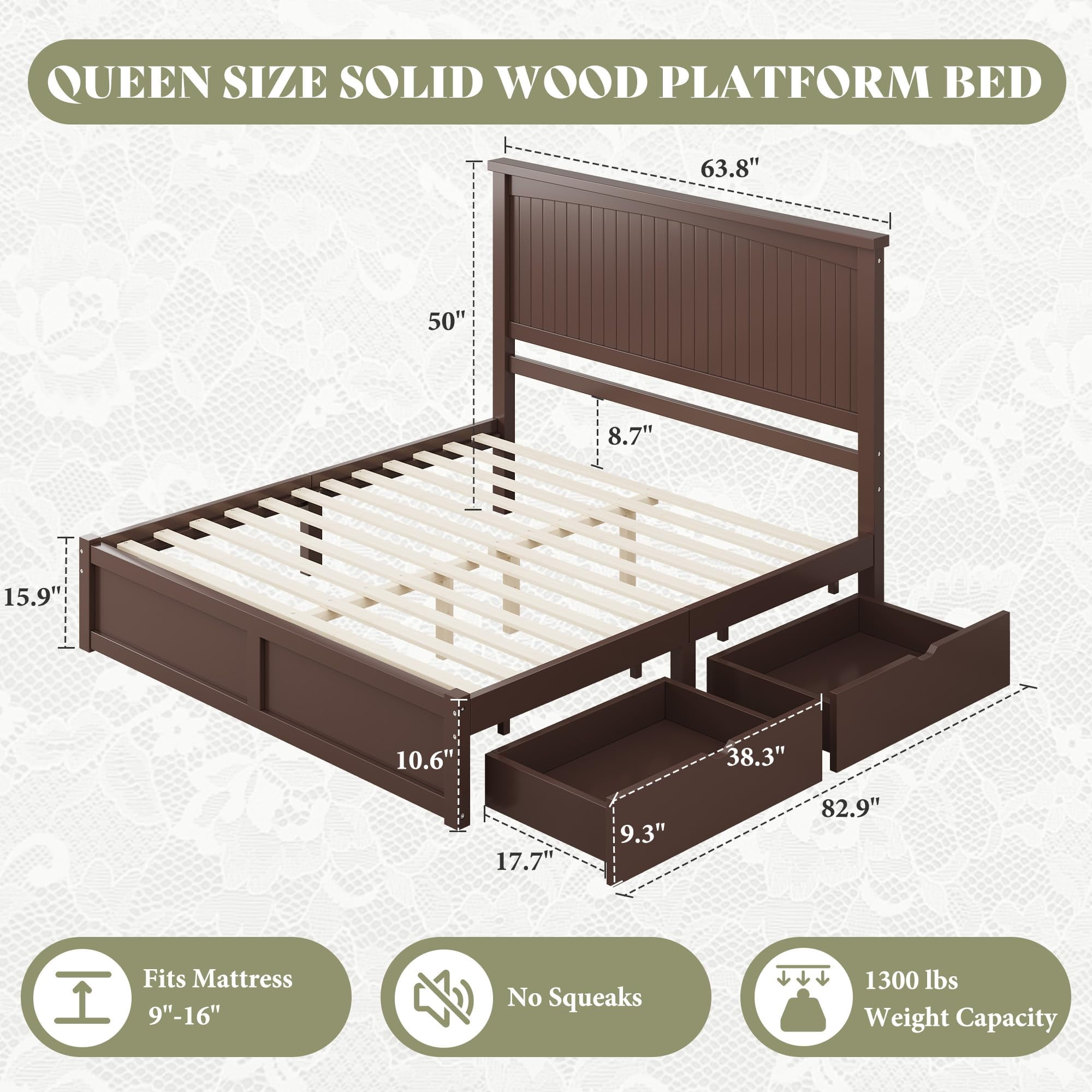 Amerlife Queen Size Solid Wood Bed Frame with 50" Tall Headboard, Mid-Century Modern Bed with, Wooden Platform Bed with 2 Drawers, Espresso