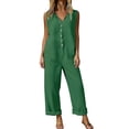 thumbnail image 5 of Dazajoo Women's Casual Jumpsuits Cotton Linen Straight Leg Overalls with Pockets Summer Lightweight Button Down Cap Sleeve Jumpers,Green,L, 5 of 8