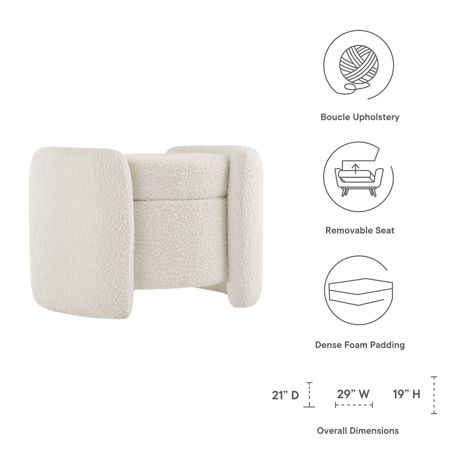 Modway Nebula Modern Boucle Fabric Upholstered Ottoman in Ivory