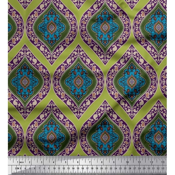 Soimoi Green Rayon Crepe Fabric Seamless Damask Print Fabric by the Yard 46 Inch Wide