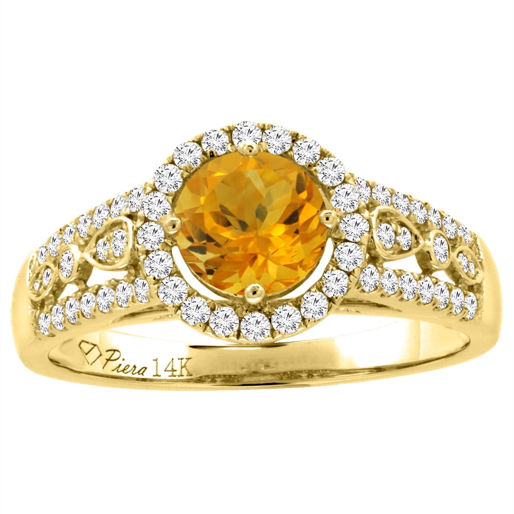 14K Yellow Gold Diamond Natural Citrine Engagement Halo Ring Round 7 mm, size 7 by Gabriella Gold