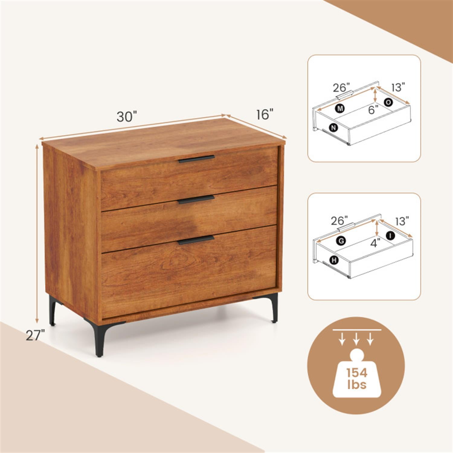 Demi Bonn 3-Drawer Dresser withterlock System, Modern Multipurpose Chest Furniture for Bedroom, Hallway, Entryway, Brown