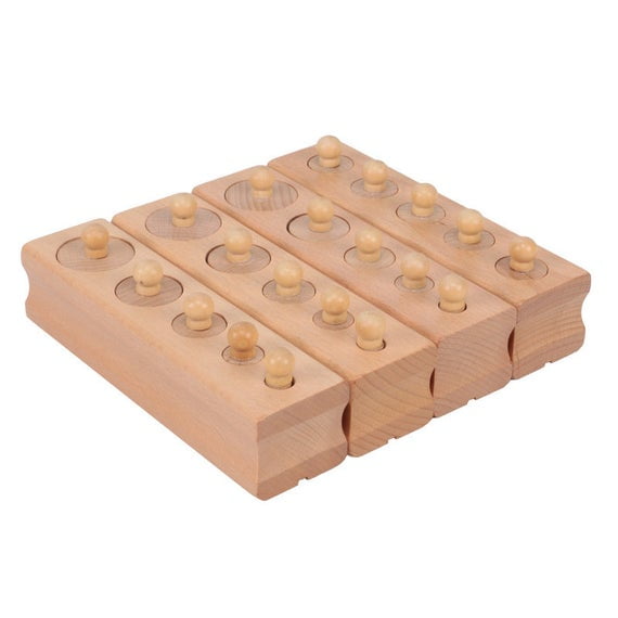 Set of 4 Montessori Knobbed Cylinder Wooden Blocks - Preschool learning puzzle - Toddler Sensorial Toy - STEM Waldorf Homeschool Classroom