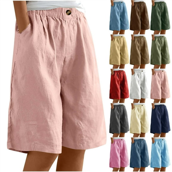 QATAINLAV Women Linen Shorts 7 Inch Inseam, Summer Loose Fit Wide Leg Short Pants Solid Casual Elastic Waist Beach Shorts Knee Length Bermuda Shorts with Pockets Todays Daily Sales Dark Blue M