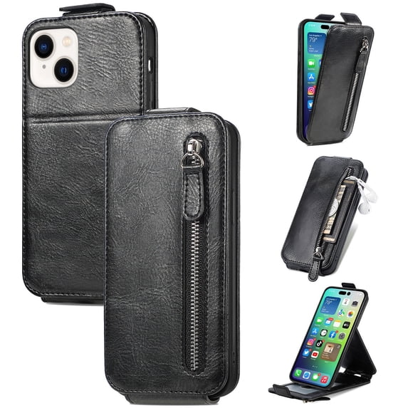 SaniMore for iPhone 14 Plus Magnetic Closure Top & Bottom Flip Wallet Case, Premium PU Leather Cover with Car Mount Card Slot & Adjustable Kickstand Full Body Protective Shell, Black
