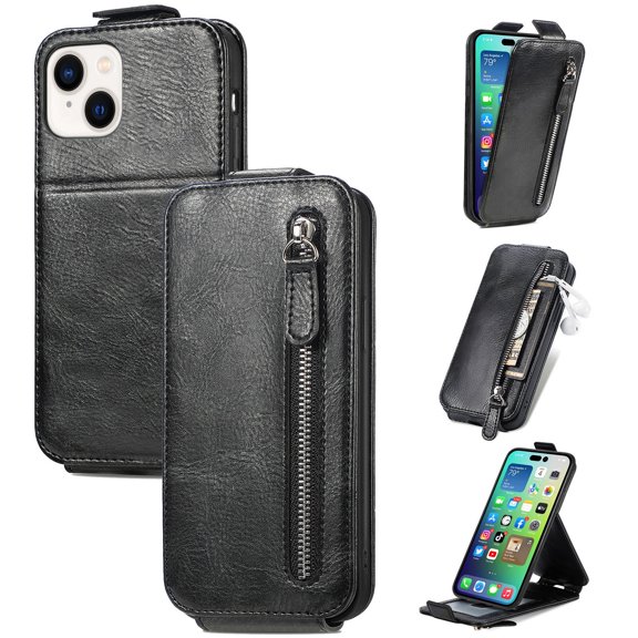 SaniMore for iPhone 14 Magnetic Closure Top & Bottom Flip Wallet Case, Premium PU Leather Cover with Car Mount Card Slot & Adjustable Kickstand Full Body Protective Shell, Black
