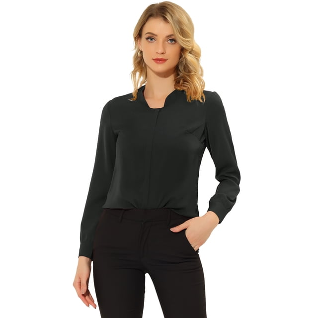 INSPIRE CHIC Blusa de gasa sólida de manga larga para oficina de trabajo para mujer Negro XL