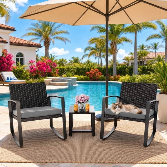 Patio Furniture Set, 3 PCS Outdoor Rocking Chairs Set with Glass Table for Garden, Backyard, Poolside, Balcony, Patio and Porch, Gray Cushion