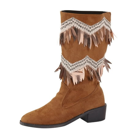 VMESZQFG Womens Booties Shoes Wide Calf Boots Women Size 11 Ladies Fashion Winter Suede Sequin Tassel Decoration Thick Heel Mid Sleeve Boots Women s Cowboy Knee Boots Brown