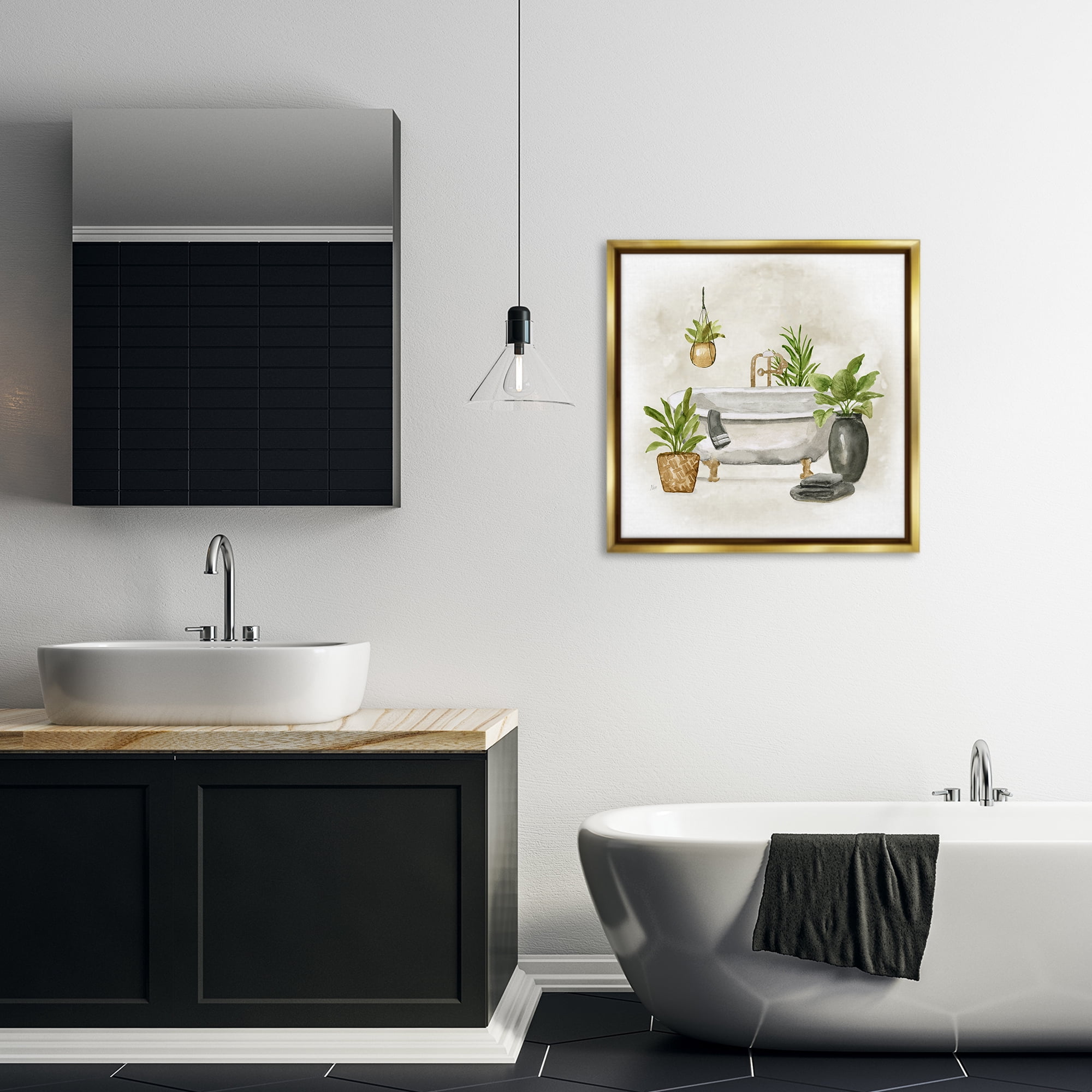 Stupell Industries Bathroom with Plants Bath & Laundry Painting Gold Floater Framed Canvas Art Print Wall Art, 25 x 25