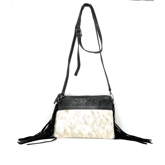 Handcraft Leather Western FloralTool Horse Cowhide Women Fringe Clutch Crossbody