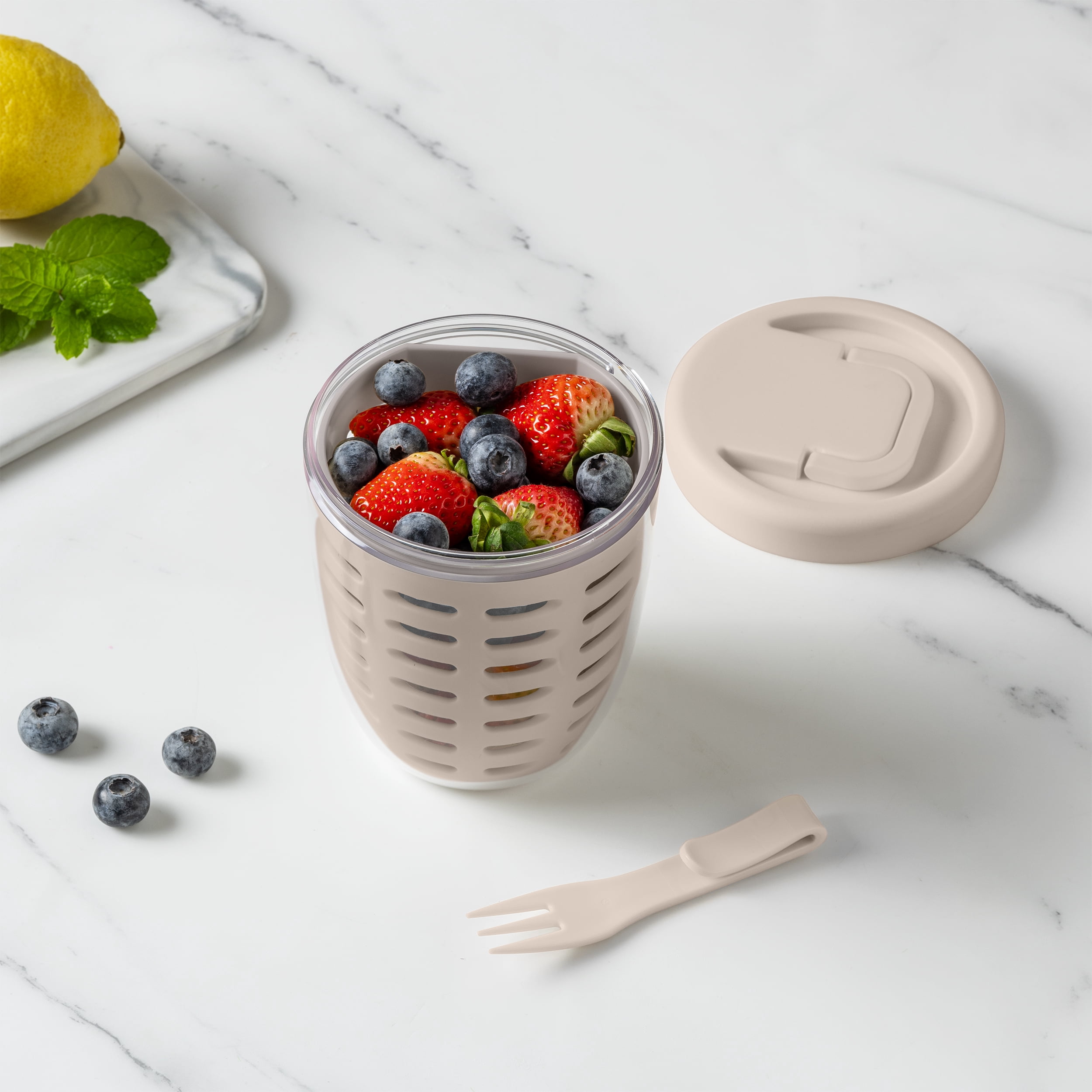 Cook with Color Berry Cup with Removable Colander and Fork, BPA-Free, Dishwasher Safe, Taupe