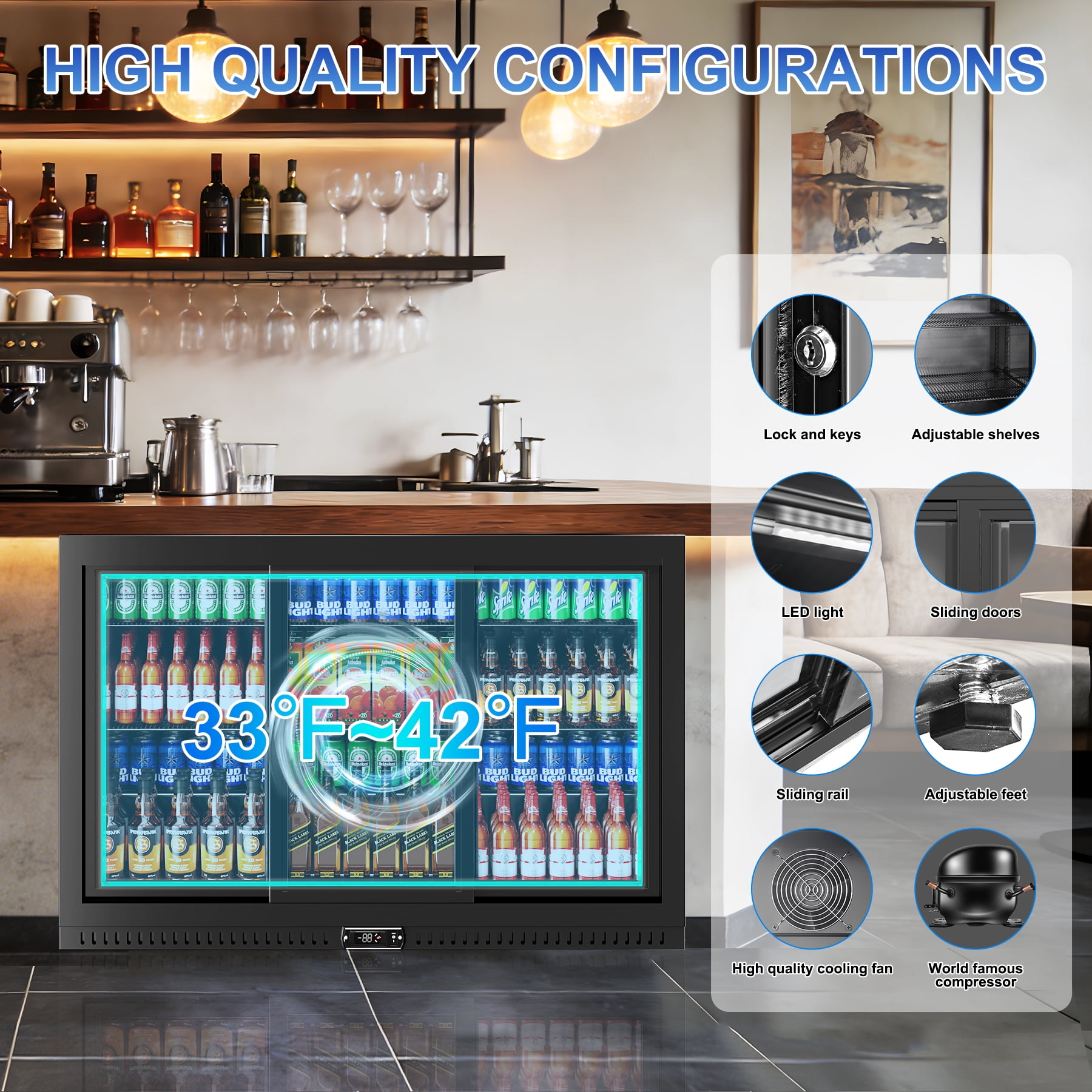 Amerikit Back Bar Cooler with 3 Glass Sliding Doors, 12.3 cu.ft Under Counter Height Beverage Refrigerator for Beer, Wine, Soda, Drinks, ETL Approved