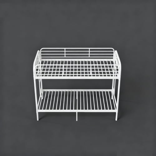 Twin Over Twin Metal Bunk Bed with Ladder and High Guardrail, Noise-Free, Underbed Storage, White