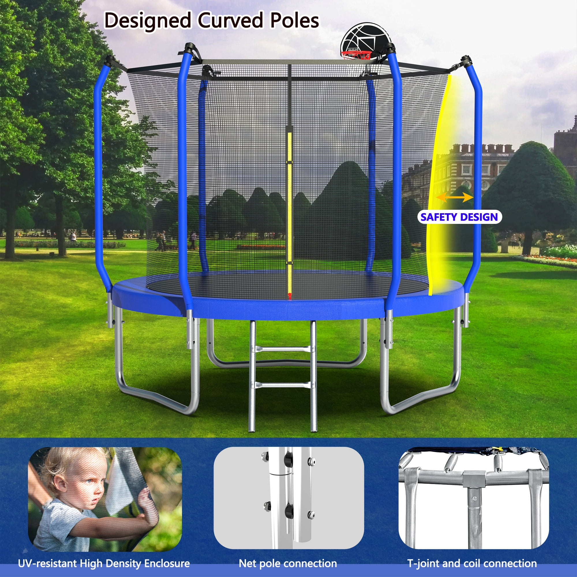 Soges 8FT Trampoline with Basketball Hoop, Reinforced Outdoor Trampoline with Enclosure Net, 1000LBS Capacity for 2-3 Kids