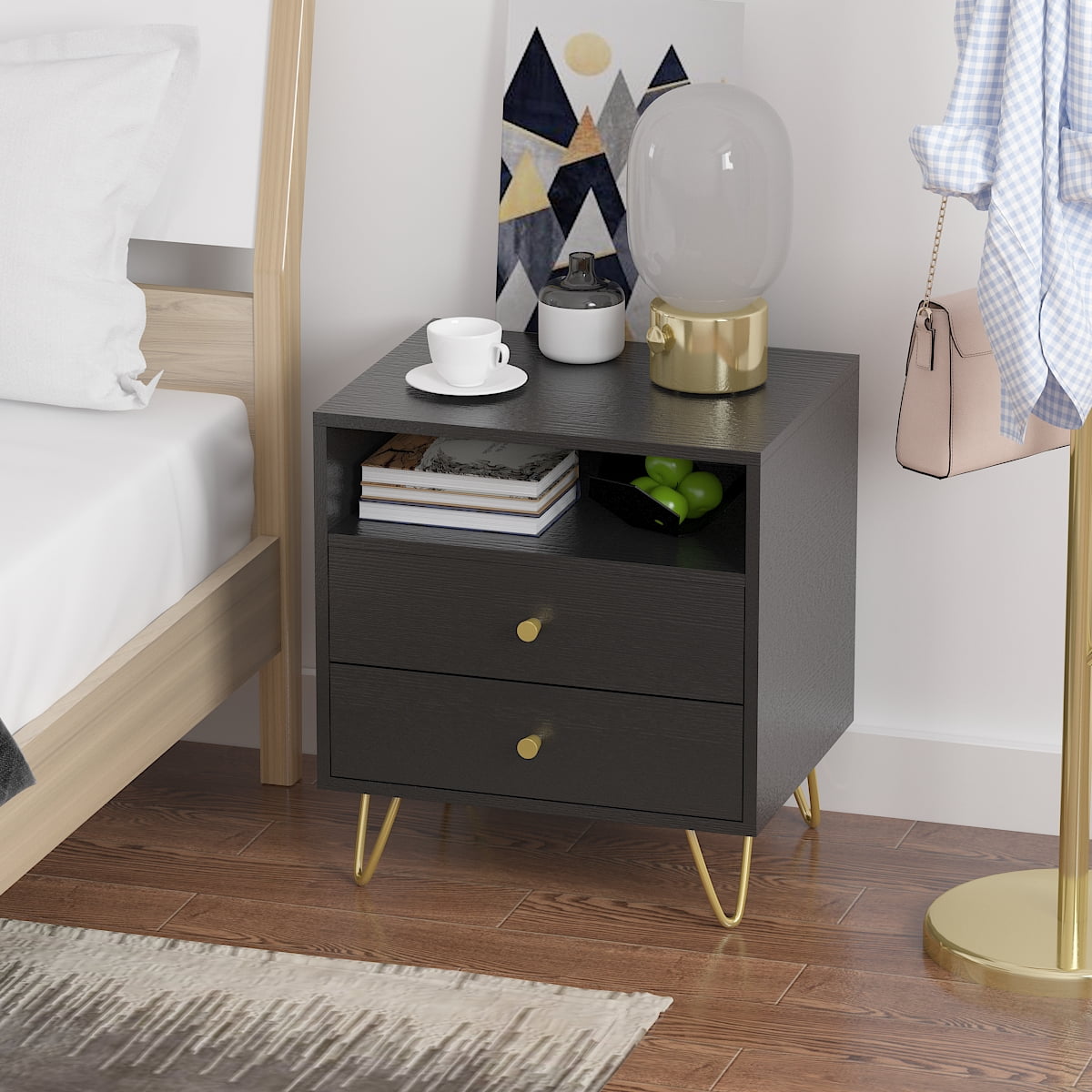 DiDuGo Mid Century Modern Nightstand with 2 Drawers and Shelf Side