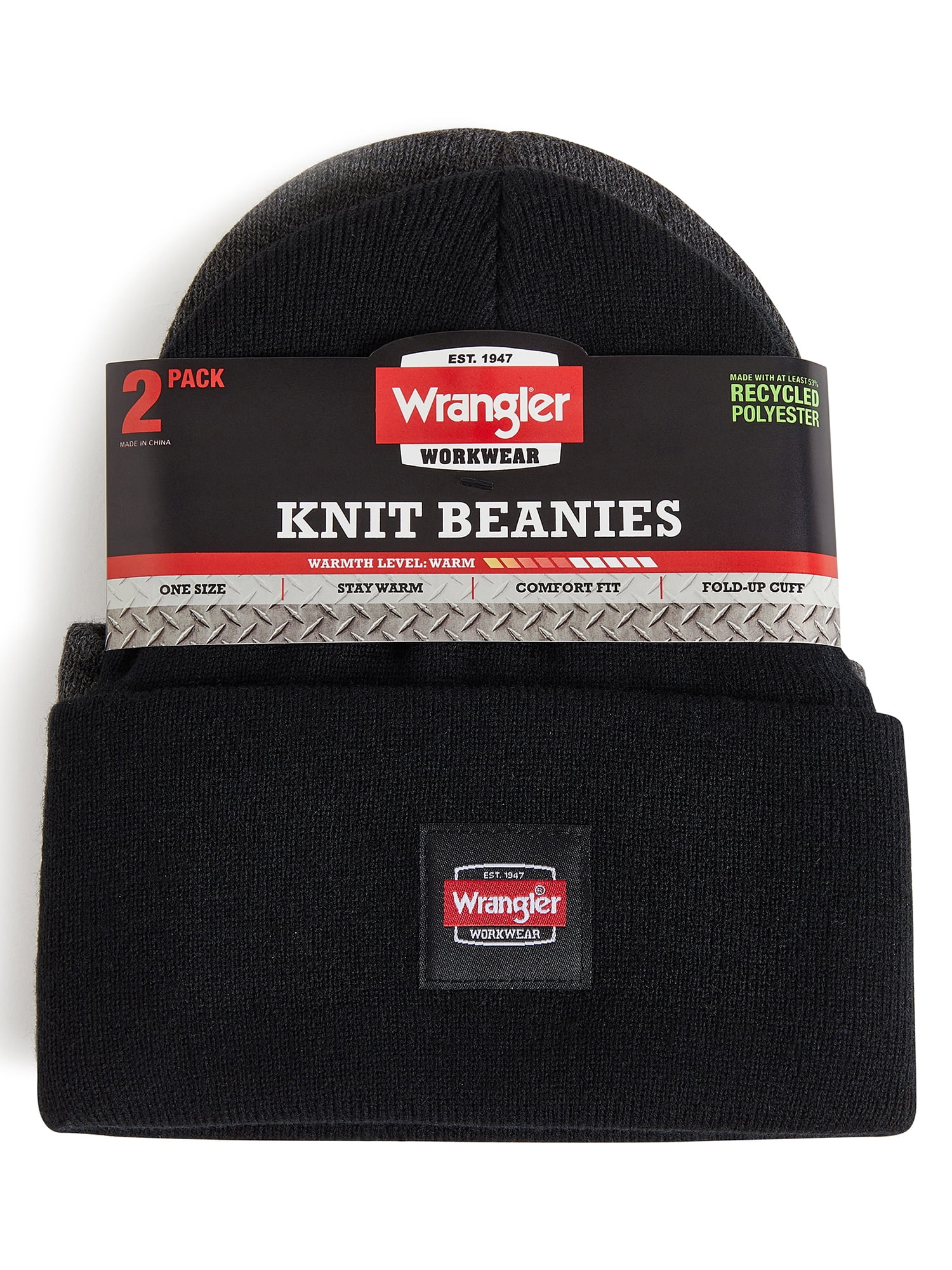 Wrangler Workwear Men's Knit Beanie, Comfort Fit Winter Hat, Black/Charcoal Heather, 2-Pack