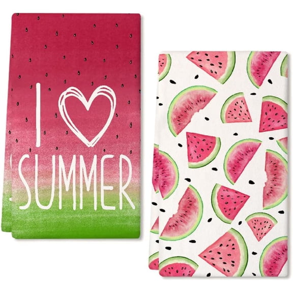 Watermelon Summer Kitchen Towels Dish Towels Set of 2,Red I Love Summer Hand Towels 18x26 Inch Drying Dishcloth,Farmhouse Home Seasonal Holiday Summer Decorations AD331