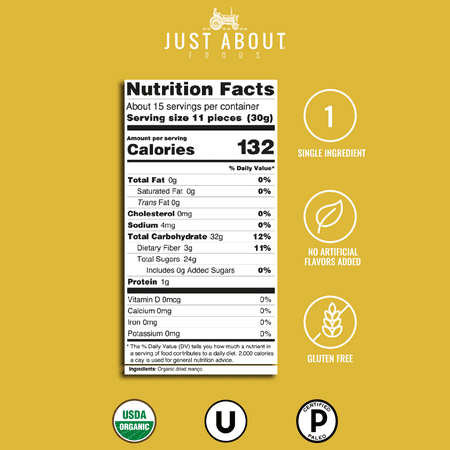 Just About Foods Organic Dried Mango Organic, Healthy Snack Gluten-free, Non-GMO, Paleo & Kosher Certified, Soft and Chewy, 1 LB, Single Ingredient