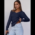 thumbnail image 4 of Suéter de Punto de Larga para Mujer, Jersey Ajustado con Cuello en V, Moda de Otoño, Atuendos Informales de Negocios para Otoño. Azul Marino L, 4 of 10