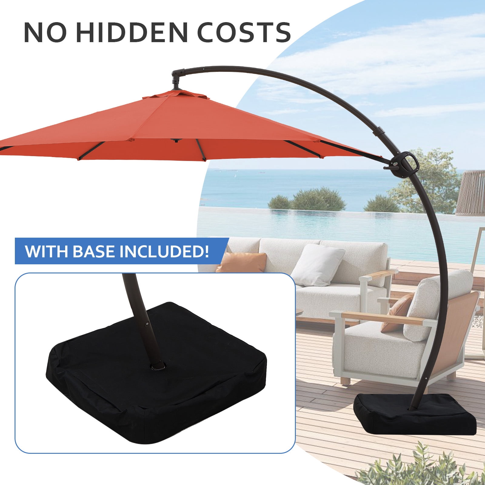 JUSTLET 10ft Curvy Cantilever Offset Hanging Market Patio Umbrella with Base, Orange