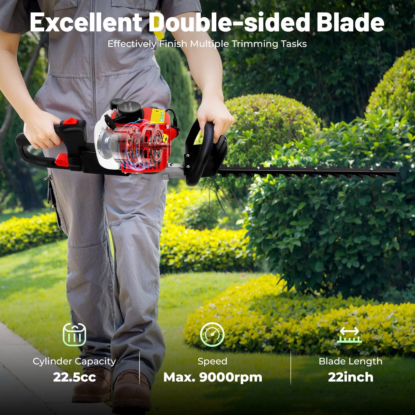 1* 2-stroke Garden Hedge Trimmer Garden Hedgetrimmer Petrol Brush Cutter Air-cooled, 22. 5 cc Cylinder Capacity, 9000 r/min, Suitable for Pruning Branches Less Than 0. 39-inch in Diameter, Black