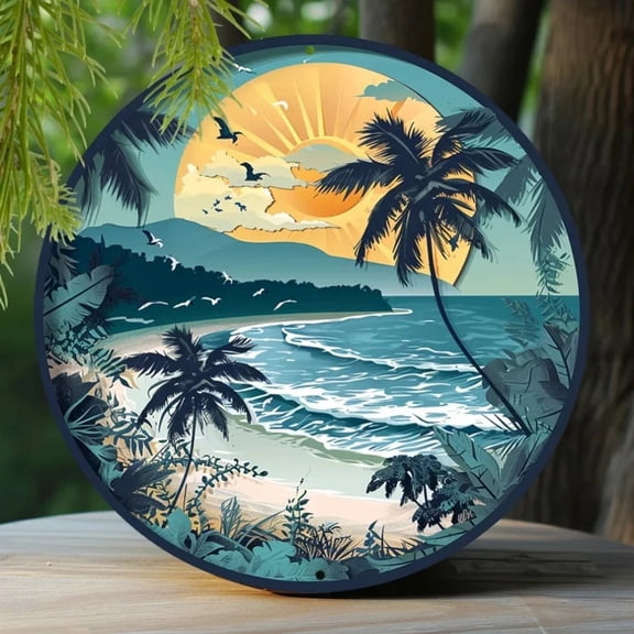 HELLOYOUNG Vintage Metal Tin Sign 20cm Round Beach Wreath Wall Art Home Decor for Living Room