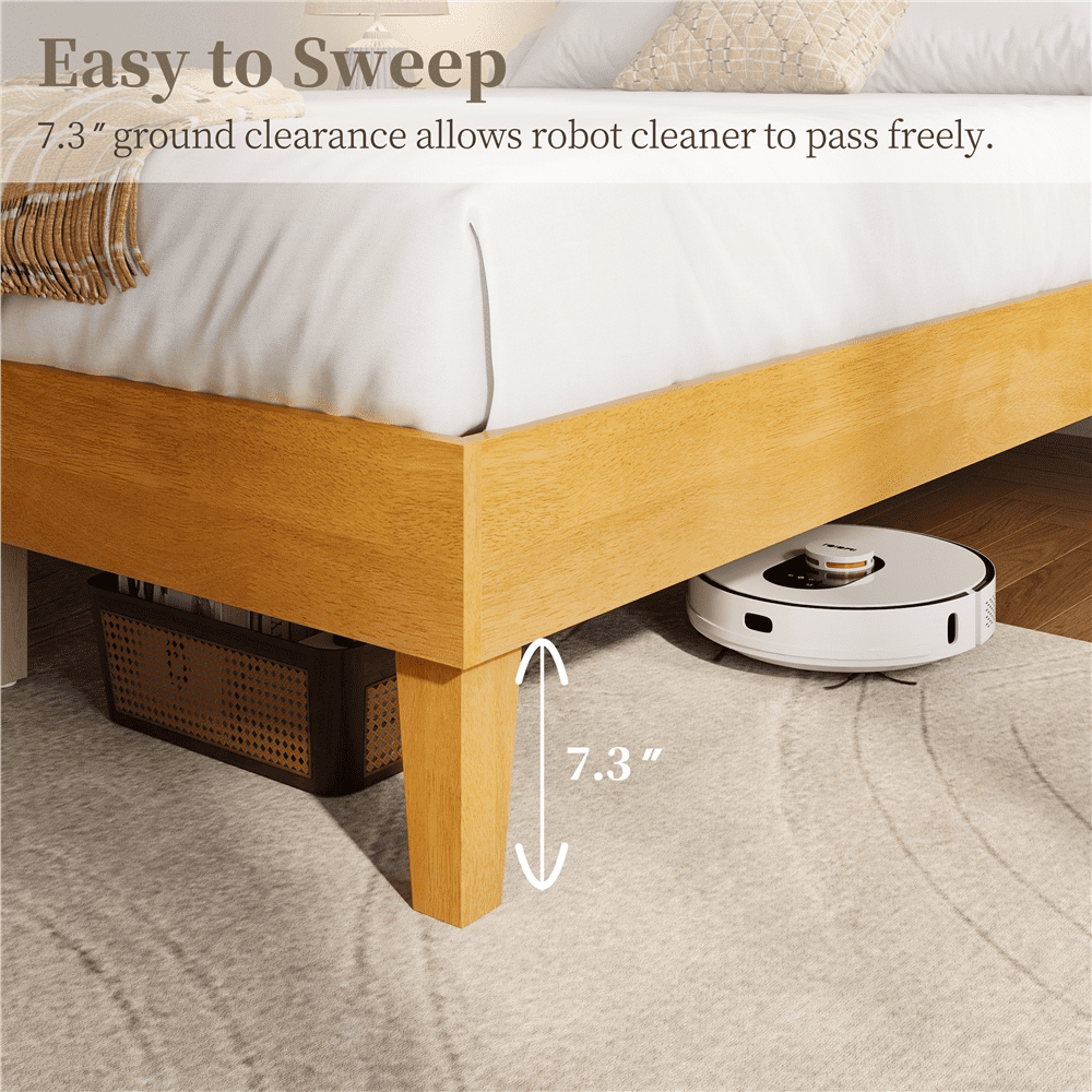 Renwick Queen Size Wooden Platform Bed Frame with Sturdy Slat Support for Adults, Natural Wood