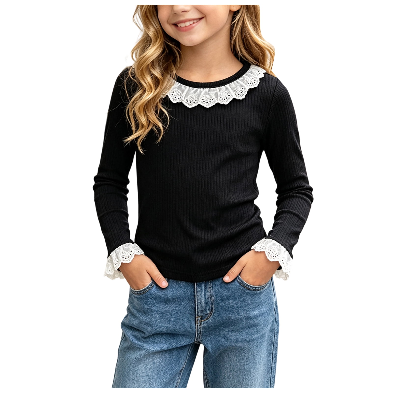 Mnyotv Girls Base Layer Tops Long Sleeve Lace T Shirts Undershirts Casual Ribbed Tees Size 2-3 Years