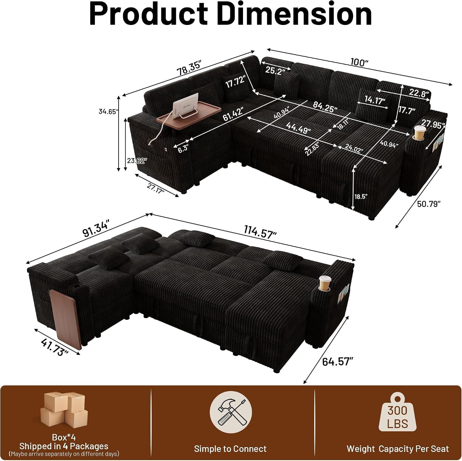 avobird 100'' Pull-out Sofa With USB ports, Table Board and Cup Holder, Comfortable Soft Cushioned Corduroy Fabric Sofa Bed, Extra-large U-shaped Combination Storage sofa bed, Black