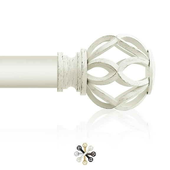 Decorative Curtain Rod Farmhouse, Adjustable Single Window Rod Heavy Duty for Bedroom Living Room Dining Room, Boho Rustic Drapery Rod with Cage Finial, Antique White (167 characters)