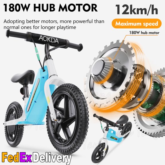 AOKDA K8 Kids Electric Motorcycle Balance Bike - 7.5MPH Max Speed - 88lbs Capacity - Assist electric children's bicycles - For Kids 3-8 Years - 12'' Tires - 21.6V 5.2AH Battery - 10 Miles Range