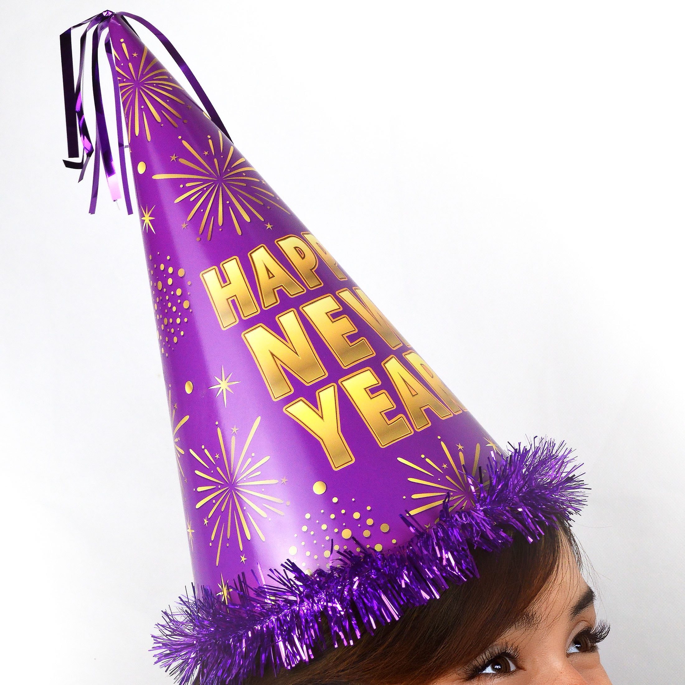 Chapeau conique violet du Nouvel An avec franges et inscription « Bonne année », 1 pièce, décorations festives, une façon originale de célébrer avec style, adulte