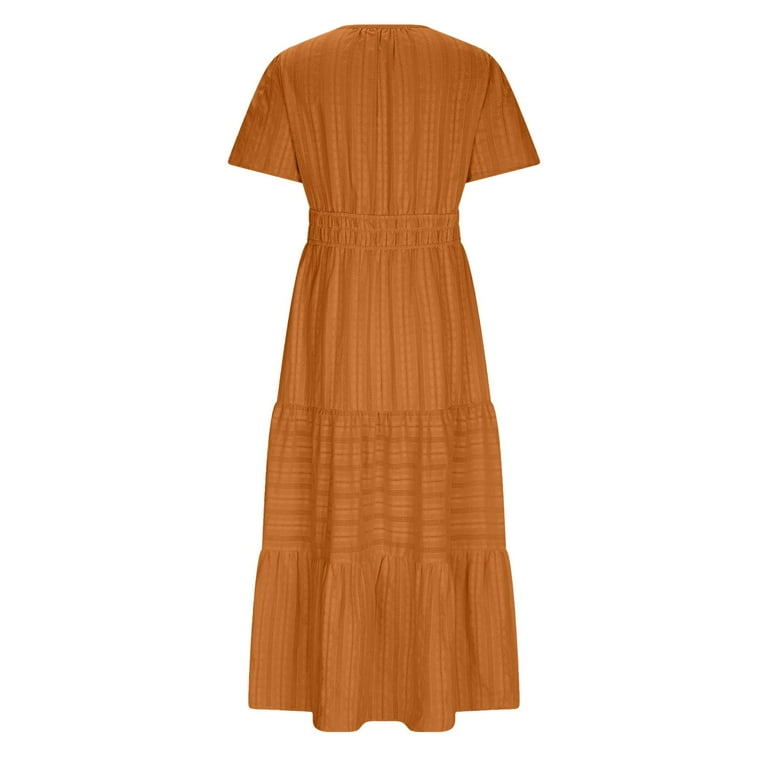 Xunlbb Under Dress for Women, Women's Fashion Sexy Solid Short Sleeve V-Neck Pleated Dresses Long Dress Midi Maxi Dresses Elastic Waist Boho Beach