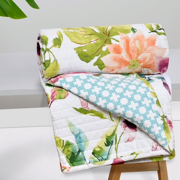 Levtex - Malana - Quilted Throw - 50x60in. - Tropical - Green, Coral, Plum, White and Teal - Reversible Pattern - Cotton Fabric